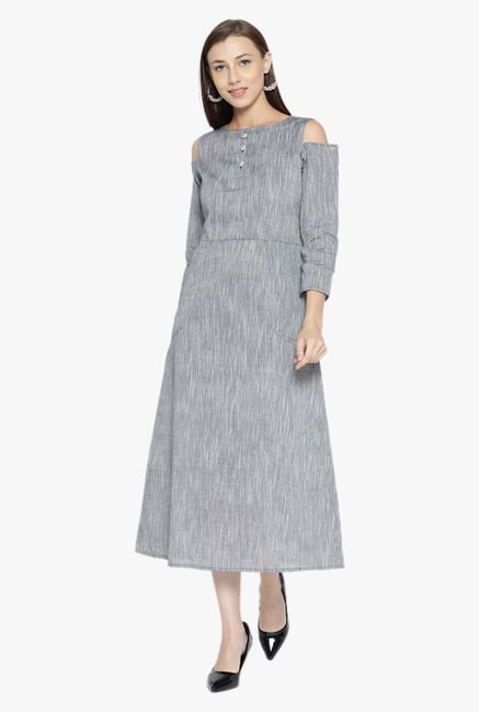 Desi Fusion Grey Textured Cotton A-Line Dress Desi Fusion Grey Textured Cotton A-Line Dress