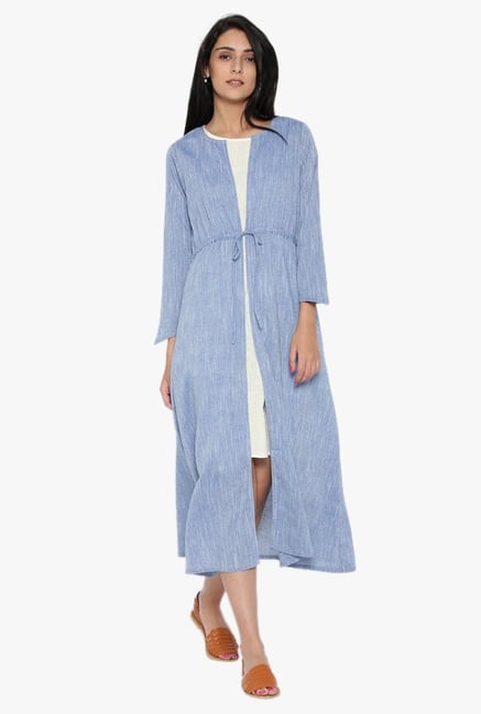 Desi Fusion White & Blue Textured Cotton Dress Desi Fusion White & Blue Textured Cotton Dress
