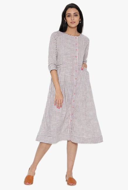 Desi Fusion White & Grey Striped Cotton Dress Desi Fusion White & Grey Striped Cotton Dress