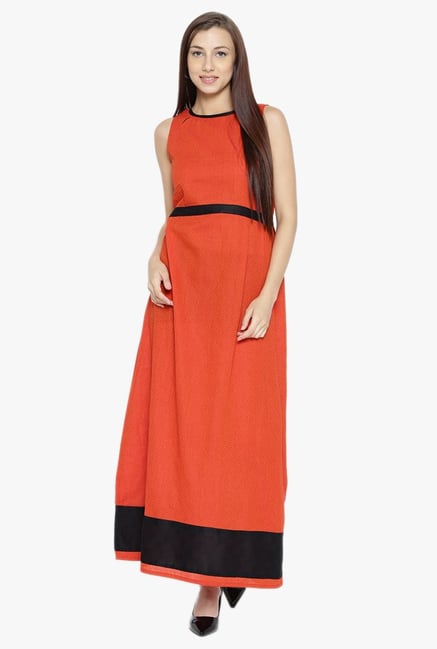Desi Fusion Orange Printed Cotton Maxi Dress Desi Fusion Orange Printed Cotton Maxi Dress