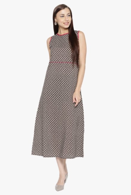 Desi Fusion Brown Printed Cotton A-Line Dress Desi Fusion Brown Printed Cotton A-Line Dress