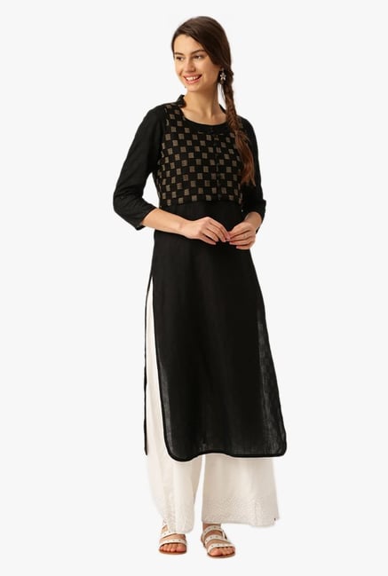 Desi Fusion Black & Cream Cotton Kurta with Jacket & Palazzo Desi Fusion Black & Cream Cotton Kurta with Jacket & Palazzo