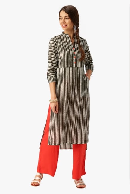 Desi Fusion Grey & Red Striped Cotton Kurta with Palazzo Desi Fusion Grey & Red Striped Cotton Kurta with Palazzo