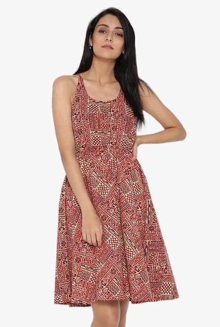 Desi Fusion Red Printed Cotton Dress Desi Fusion Red Printed Cotton Dress