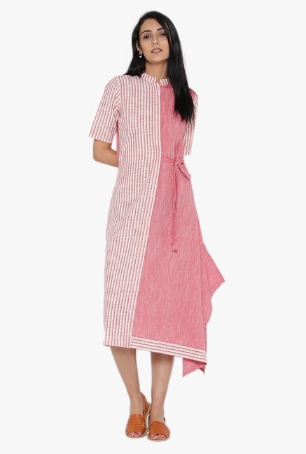Desi Fusion White & Pink Striped Cotton Dress Desi Fusion White & Pink Striped Cotton Dress