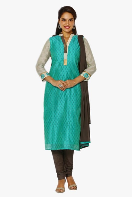 Soch Green & Grey Printed Chanderi Straight Suit Set Soch Green & Grey Printed Chanderi Straight Suit Set