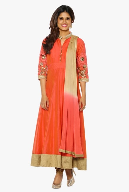 Soch Peach & Gold Chanderi Anarkali Suit Set Soch Peach & Gold Chanderi Anarkali Suit Set