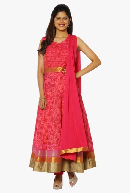 Soch Coral Floral Print Chanderi Anarkali Suit Set Soch Coral Floral Print Chanderi Anarkali Suit Set