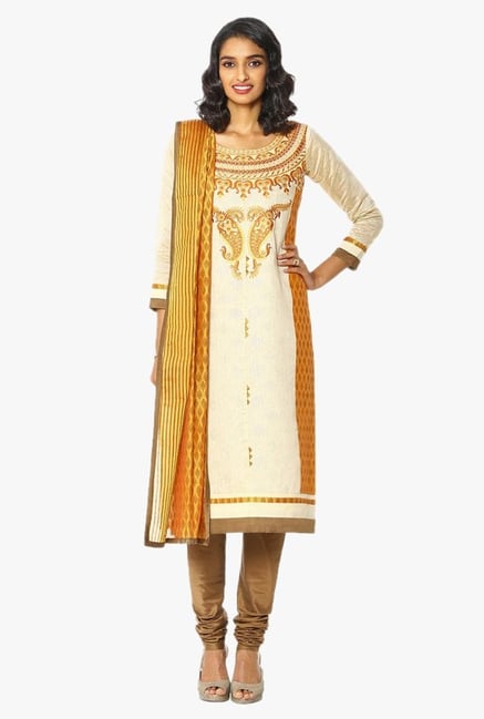 Soch Beige & Yellow Embroidered Chanderi Churidar Suit Soch Beige & Yellow Embroidered Chanderi Churidar Suit