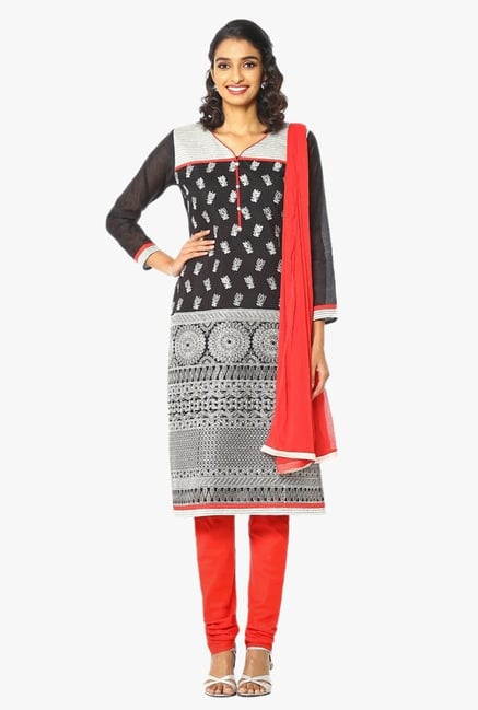 Soch Grey & Red Embroidered Chanderi Churidar Suit Soch Grey & Red Embroidered Chanderi Churidar Suit