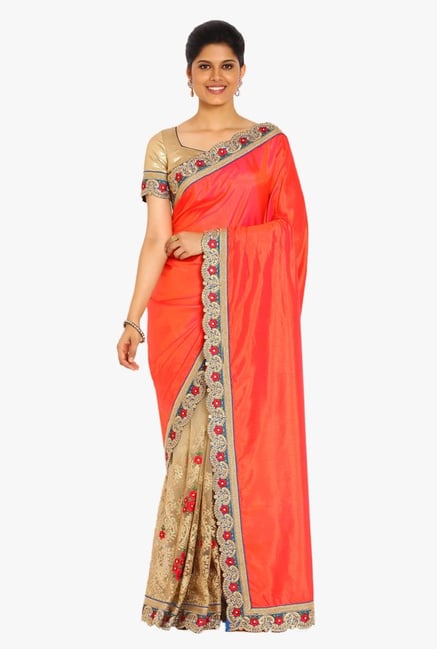 Soch Beige & Orange Embroidered Silk Half & Half Saree Soch Beige & Orange Embroidered Silk Half & Half Saree