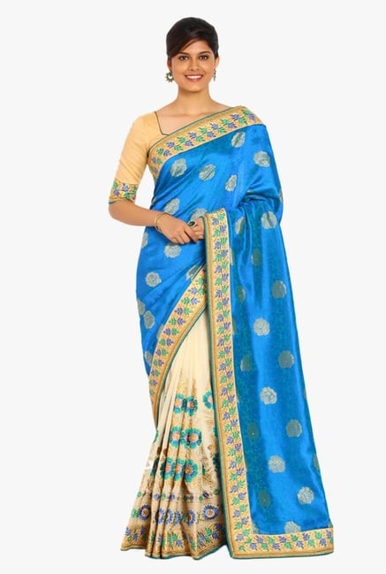 Soch Beige & Blue Embroidered Silk Half & Half Saree Soch Beige & Blue Embroidered Silk Half & Half Saree