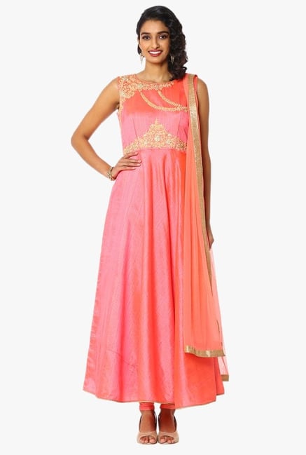 Soch Peach Embroidered Chanderi Anarkali Suit Set Soch Peach Embroidered Chanderi Anarkali Suit Set