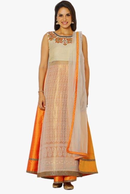 Soch Beige & Yellow Printed Silk A Line Suit Set Soch Beige & Yellow Printed Silk A Line Suit Set