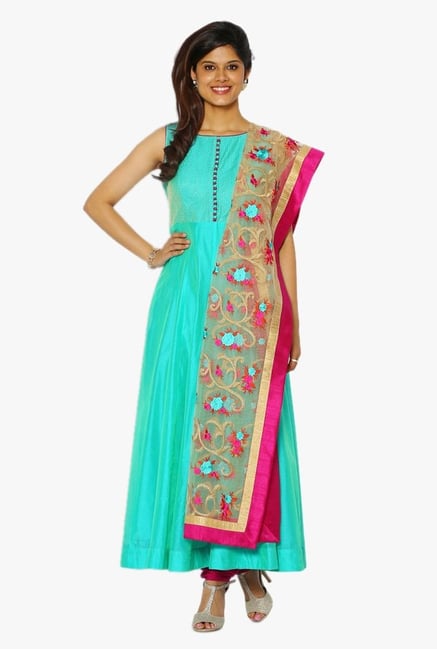 Soch Turquoise & Pink Chanderi Anarkali Suit Set Soch Turquoise & Pink Chanderi Anarkali Suit Set