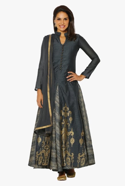 Soch Grey Striped Chanderi A Line Suit Set Soch Grey Striped Chanderi A Line Suit Set