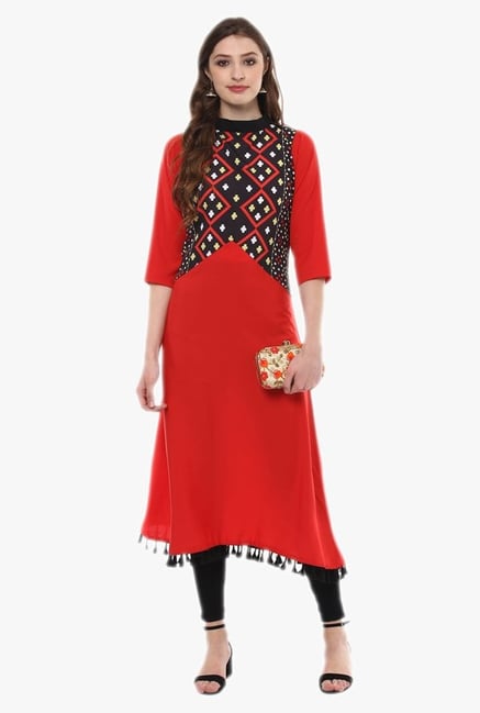 Ziyaa Red Geometric Print Crepe Kurta Ziyaa Red Geometric Print Crepe Kurta