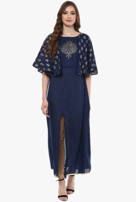 Ziyaa Navy Printed Poly Silk Cape Kurta Ziyaa Navy Printed Poly Silk Cape Kurta
