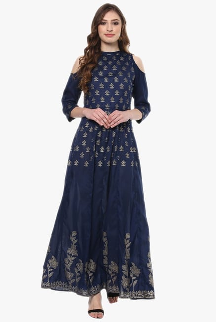 Ziyaa Navy Printed Poly Silk Anarkali Kurta Ziyaa Navy Printed Poly Silk Anarkali Kurta