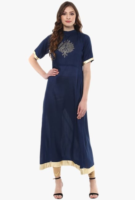 Ziyaa Navy Printed Poly Silk Kurta Ziyaa Navy Printed Poly Silk Kurta