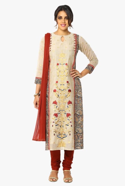 Soch Beige & Maroon Embroidered Chanderi Churidar Suit Soch Beige & Maroon Embroidered Chanderi Churidar Suit