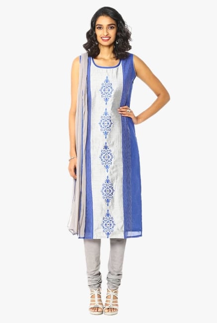 Soch Grey & Blue Embroidered Chanderi Churidar Suit Soch Grey & Blue Embroidered Chanderi Churidar Suit