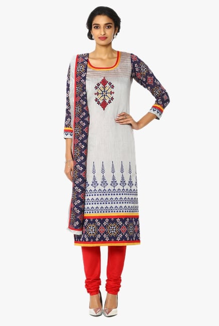 Soch Grey & Red Printed Chanderi Churidar Suit Soch Grey & Red Printed Chanderi Churidar Suit