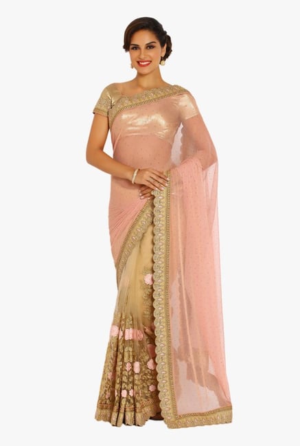 Soch Beige & Pink Embroidered Net Half & Half Saree Soch Beige & Pink Embroidered Net Half & Half Saree