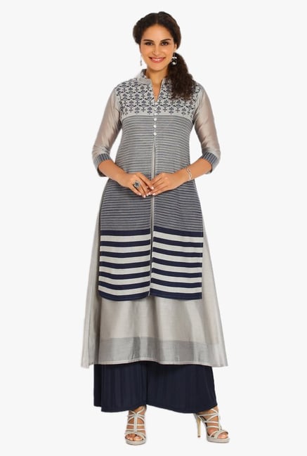 Soch Grey & Navy Striped Cotton Kurta Suit Set Soch Grey & Navy Striped Cotton Kurta Suit Set