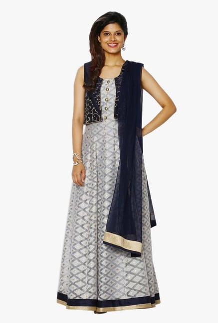 Soch Grey & Navy Printed Net Anarkali Suit With Jacket Soch Grey & Navy Printed Net Anarkali Suit With Jacket