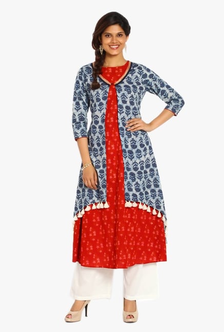 Soch Indigo & Red Cotton Kurta With White Palazzo Set Soch Indigo & Red Cotton Kurta With White Palazzo Set