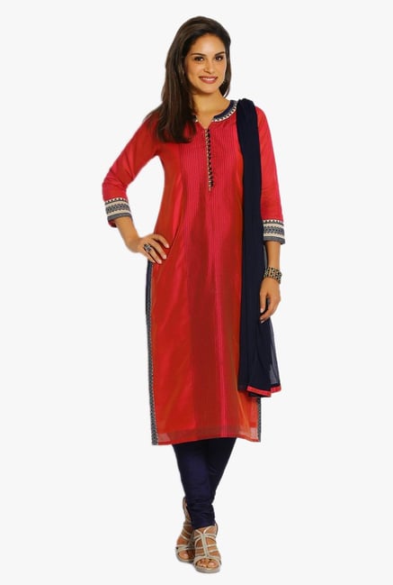 Soch Red & Navy Chanderi Straight Suit Set Soch Red & Navy Chanderi Straight Suit Set