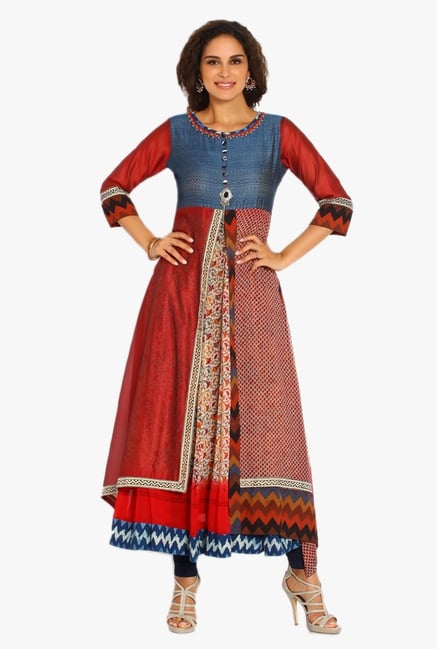 Soch Red & Navy Printed Chanderi Kurta Suit Set Soch Red & Navy Printed Chanderi Kurta Suit Set