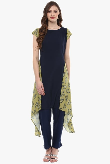 Ziyaa Navy & Green Printed Crepe Kurta Ziyaa Navy & Green Printed Crepe Kurta