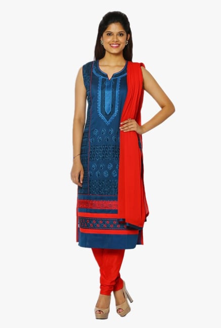 Soch Navy & Red Embroidered Chanderi Straight Suit Set Soch Navy & Red Embroidered Chanderi Straight Suit Set