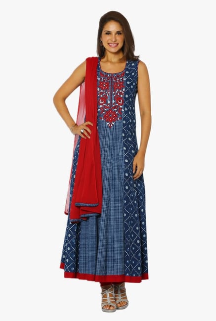 Soch Navy & Red Printed Cotton Anarkali Suit Set Soch Navy & Red Printed Cotton Anarkali Suit Set