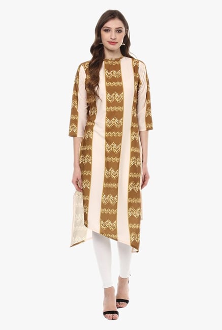 Ziyaa Mustard & Beige Printed Crepe Kurta Ziyaa Mustard & Beige Printed Crepe Kurta