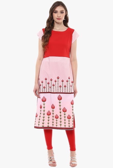 Ziyaa Red & Pink Printed Crepe Kurta Ziyaa Red & Pink Printed Crepe Kurta