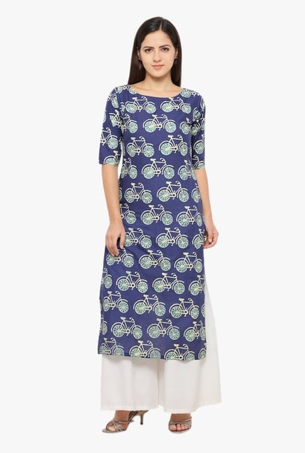Ahalyaa Navy Printed Cotton Straight Kurta Ahalyaa Navy Printed Cotton Straight Kurta