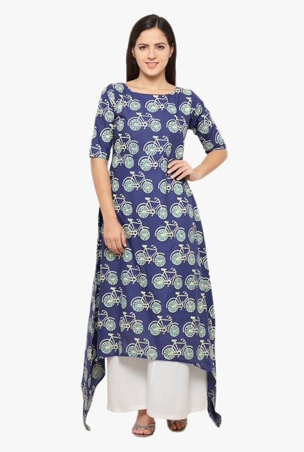 Ahalyaa Navy Printed Cotton Asymmetrical Kurta Ahalyaa Navy Printed Cotton Asymmetrical Kurta
