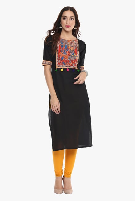 Ahalyaa Black Printed Cotton Straight Kurta Ahalyaa Black Printed Cotton Straight Kurta