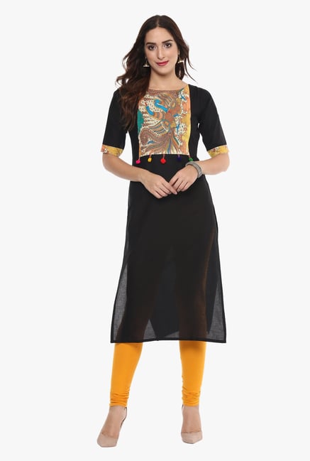 Ahalyaa Black Printed Cotton Straight Kurta Ahalyaa Black Printed Cotton Straight Kurta