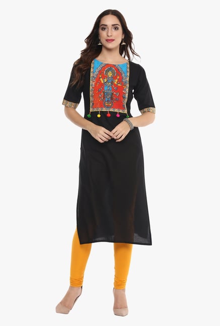 Ahalyaa Black Printed Cotton Pom Pom Lace Kurta Ahalyaa Black Printed Cotton Pom Pom Lace Kurta