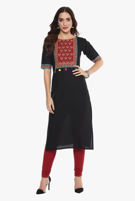 Ahalyaa Black Printed Cotton Pom Pom Lace Kutch Style Kurta Ahalyaa Black Printed Cotton Pom Pom Lace Kutch Style Kurta