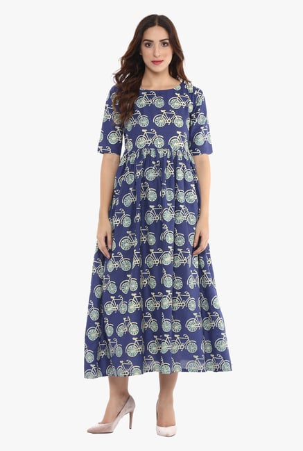Ahalyaa Navy Printed Cotton Flared Kurta Ahalyaa Navy Printed Cotton Flared Kurta