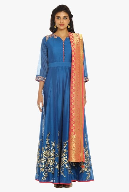 Soch Blue & Pink Embroidered Chanderi Suit Set Soch Blue & Pink Embroidered Chanderi Suit Set