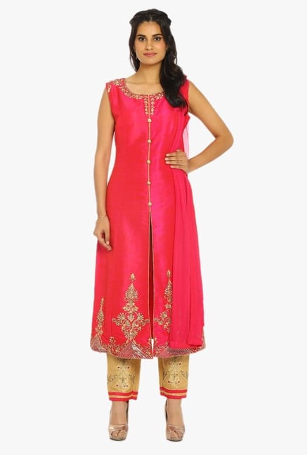 Soch Pink & Gold Embroidered Raw Silk Suit Set Soch Pink & Gold Embroidered Raw Silk Suit Set