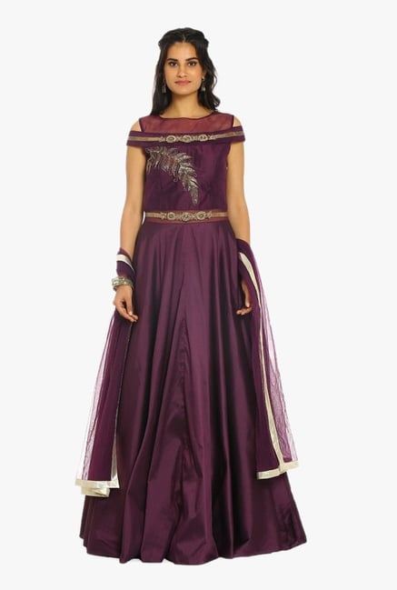 Soch Wine & Gold Embroidered Silk Suit Set Soch Wine & Gold Embroidered Silk Suit Set