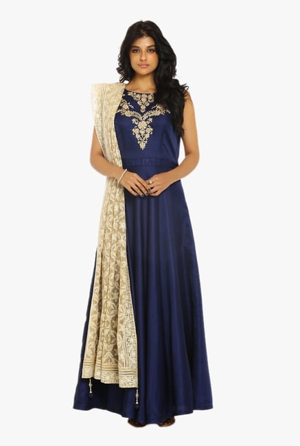 Soch Navy & Gold Embroidered Silk Suit Set Soch Navy & Gold Embroidered Silk Suit Set
