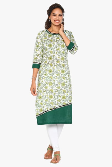 Soch Off White & Green Floral Print Cotton Kurta Soch Off White & Green Floral Print Cotton Kurta